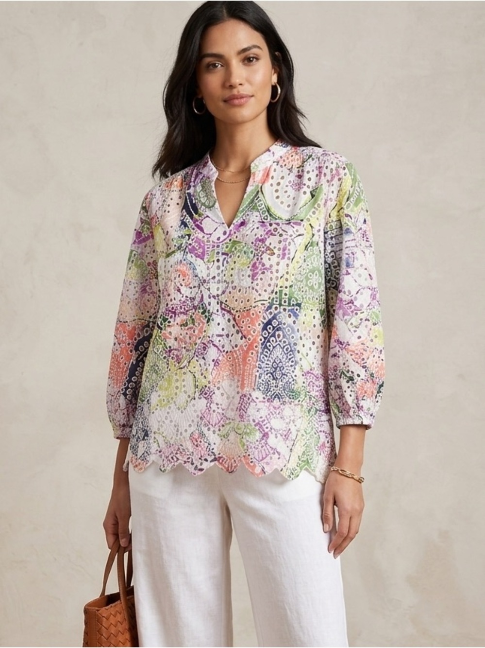 Chicos 3 SZ 16 KALMIA Eyelet Modern Bloom Balloon Slv Top Eyelet Coastal